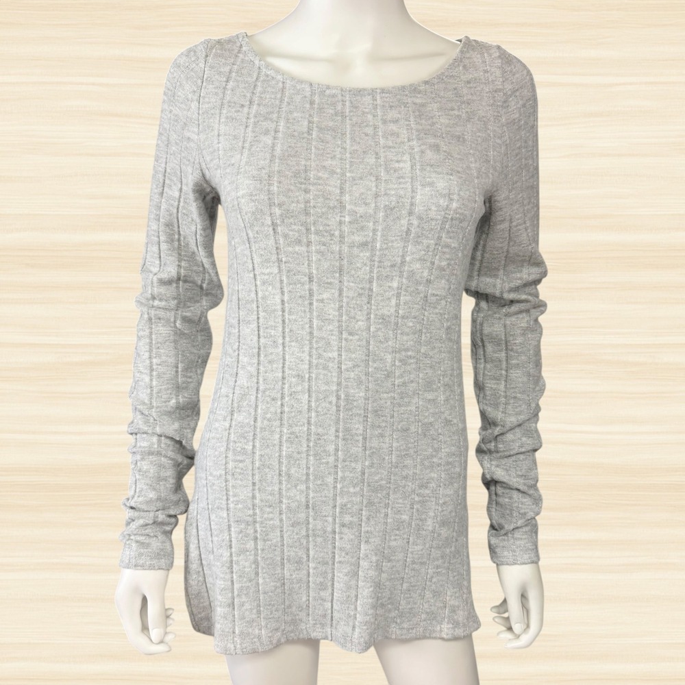 Anthropologie Ribbed Knit Tunic Sweater Gray Scoop Neck Minimalist Womens S